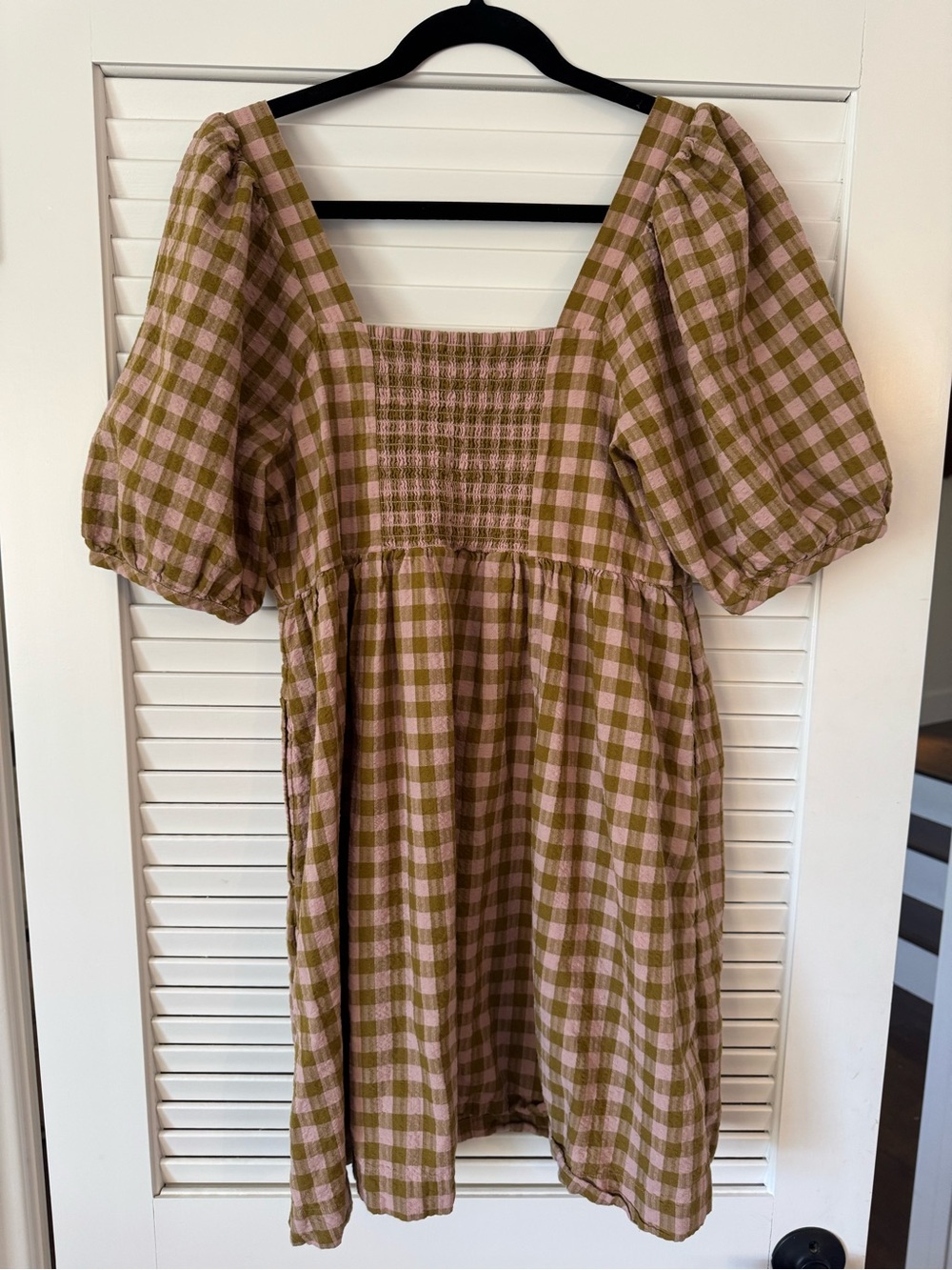 Madewell Dress Square Neck Puff Sleeve Gingham Seersucker in Spiced Olive sz M - Picture 5 of 5